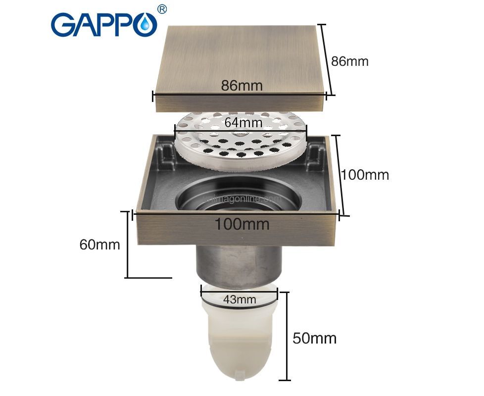 G81005-4 Трап 50 вертикальный GAPPO латунь 100*100 (бронза)