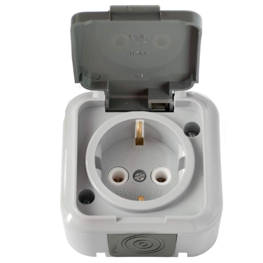 ПРАЛЕСКА АКВА  розетка 1-я с/з с крышкой 16А ОУ СЕРАЯ IP 54 РА16-297(3)